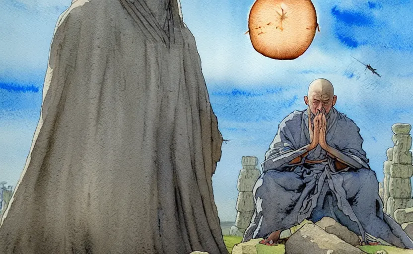 Image similar to a hyperrealist watercolor fantasy concept art of giant monk with a long forehead in grey robes sitting in stonehenge. several large stones are floating in the air. in the background a ufo is in the sky. by rebecca guay, michael kaluta, charles vess