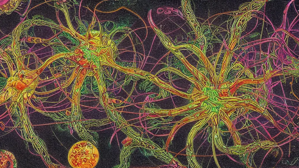 Image similar to quantum connections represented as symbiotic organisms like cells playing around with colorful lights by ernst haeckel, transparent