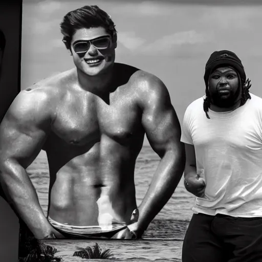 Image similar to Miami being invaded by gigantic fat Zac Efron, black and white picture, realistic, people screaming