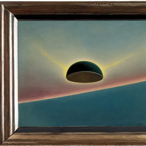 Prompt: color oil painting of mysterious alien saucer hovering over seaside village, 1929, by Thomas Hart Benton