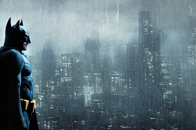Image similar to a cinematic painting of bill crosby as batman near a dystopian cityscape on a rainy day, beautiful lighting, high depth, ultra realistic, artistic, by annie leibovitz