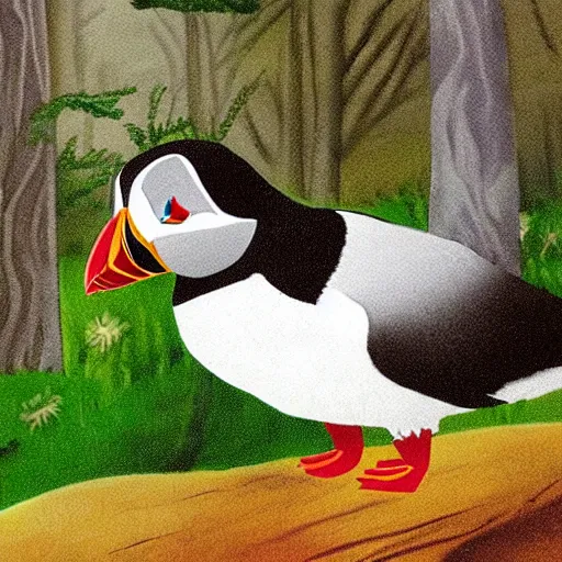 Prompt: a puffin character goes on a walk through the forest, art from a children's book