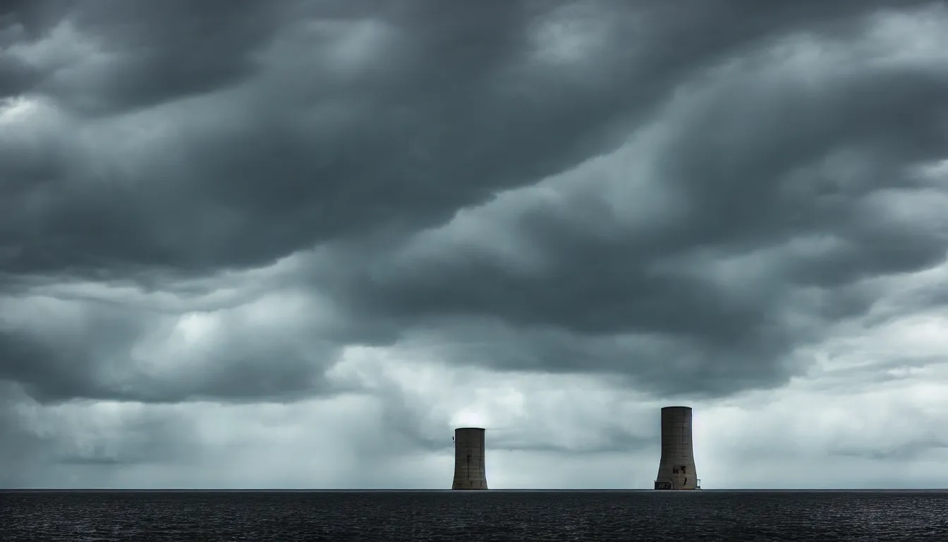 Prompt: lonely nuclear silo on the island, lake, windy waves, raining, storm, distant thunder, atmospheric, scary, claustrophobic, ambient vibe, very detailed, high resolution, 8 k