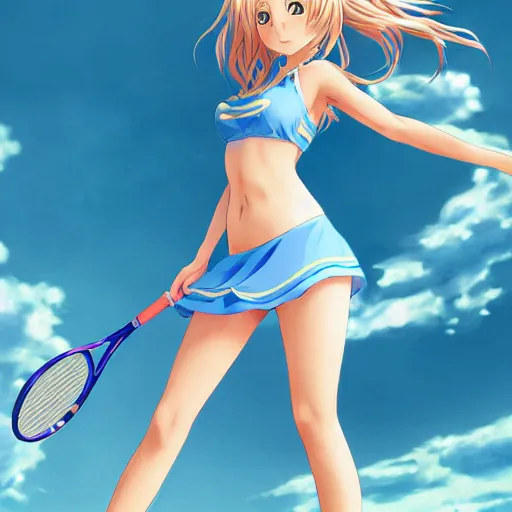 Image similar to a very beautiful young anime tennis girl, full body, long wavy blond hair, sky blue eyes, full round face,, bikini, miniskirt, front view, mid - shot, highly detailed, cinematic wallpaper by stanley artgerm lau