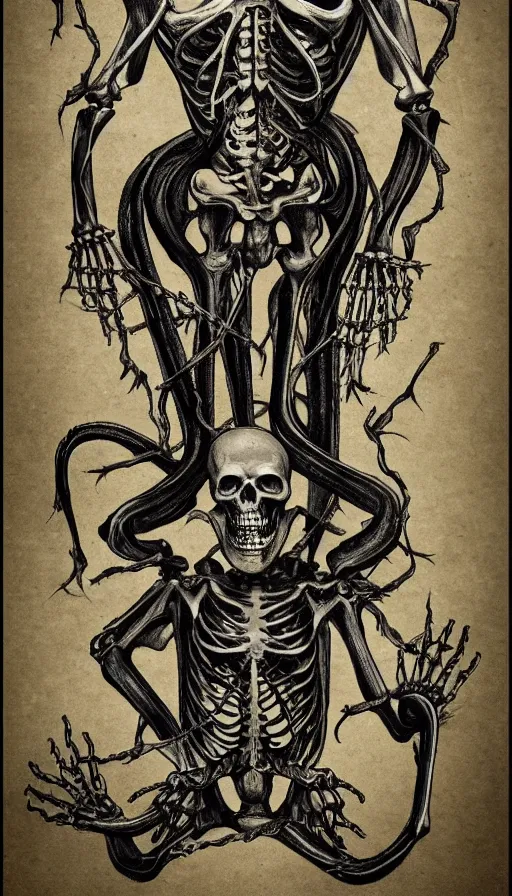 Prompt: full - body portrait of a creepy realistic human skeleton wearing many black snakes and other reptiles as clothing, traditional art, dark, surrealism, german romanticism style, ornate and elegant, hightly detailed