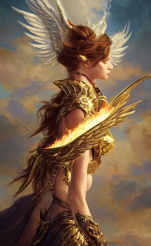 Prompt: A beautiful and fierce angel with wings, wearing metal battle armor and a flaming sword, among heavenly sunlit clouds, intricate, elegant, detailed, digital painting, golden hour photography, medium shot, trending on artstation, concept art, smooth, sharp focus, illustration, art by artgerm and Greg Rutkowski and Alphonse Mucha