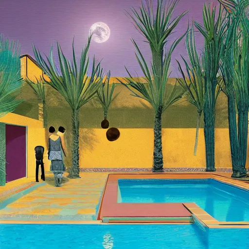 Image similar to full moon over a pool in a courtyard in the desert, people lounging, painting in the style of Max Ernst, incredible, 4k