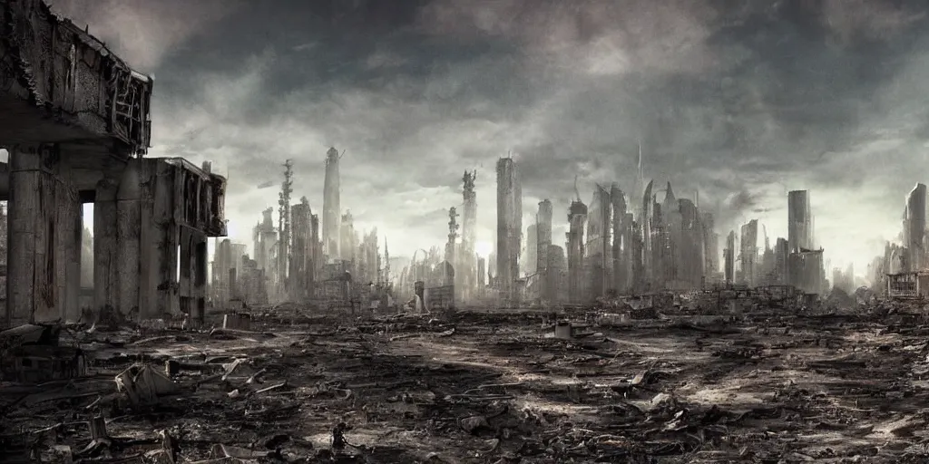 Prompt: nuclear fallout, city ruins wasteland, dark future, dark sci - fi,