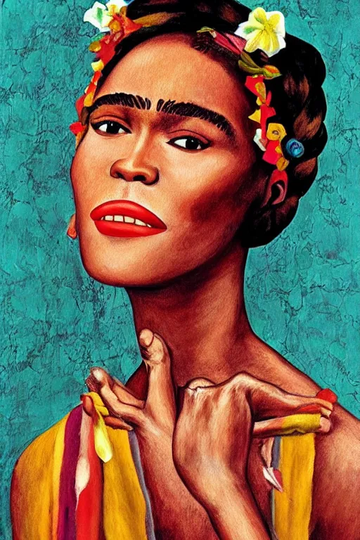 Image similar to Whitney Houston in Frida Kahlo painting style