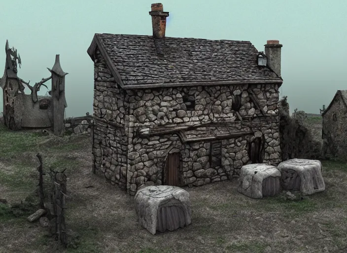 Image similar to medieval vampire village house, 3d model, miniature, iso, isometric view, gas lighting, stone and wood, dead tree, digital art, unreal engine