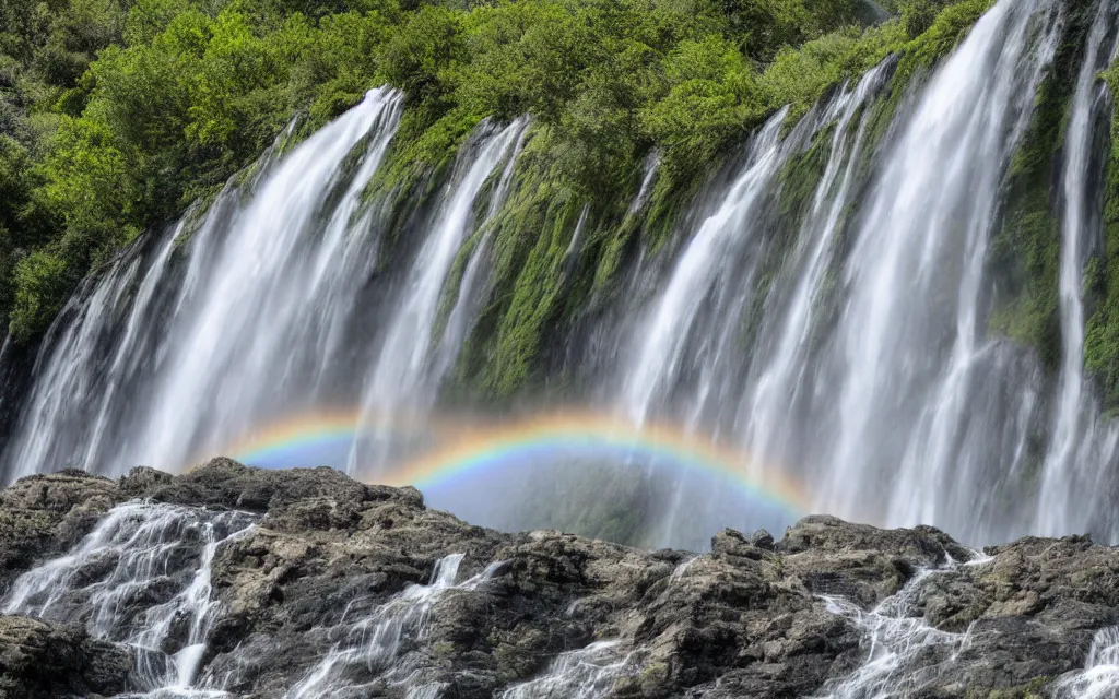 Prompt: a large waterfall that descends from a mountain and comes to a stream with clear water, gray clouds in the sky and a rainbow realistic photo