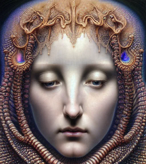 Prompt: detailed realistic beautiful iridescent goddess face portrait by jean delville, gustave dore, iris van herpen and marco mazzoni, art forms of nature by ernst haeckel, art nouveau, symbolist, visionary, gothic, neo - gothic, pre - raphaelite, fractal lace, intricate alien botanicals, biodiversity, surreality, hyperdetailed ultrasharp octane render