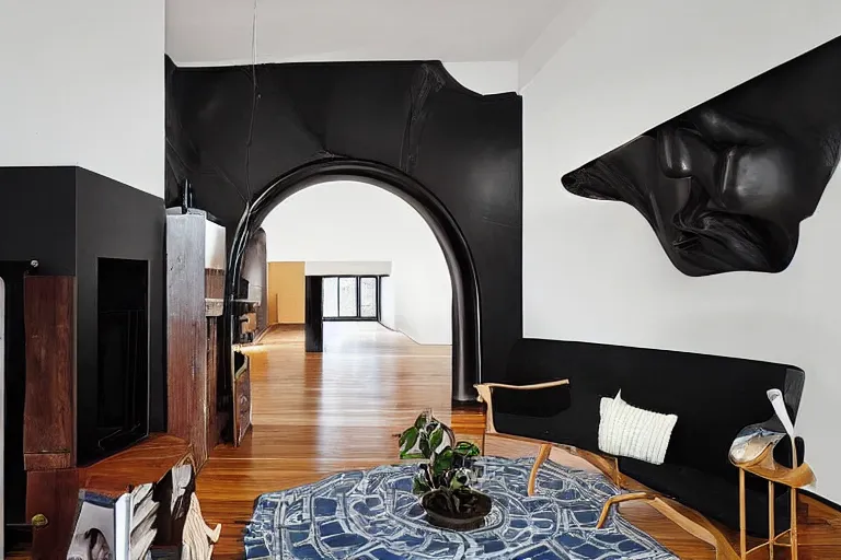 Image similar to “award-winning interior sculpture in an Australian artist’s apartment, black walls”