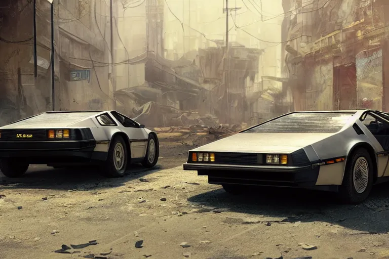 Image similar to highly detailed photorealistic rendering of a delorean parked on the streets of a cyberpunk abandoned city, driver side gullwing door is open, futuristic post - apocalyptic vibe, by greg rutkowski and stanley artgerm and alphonse mucha, octane, sharp focus, hyperrealistic, unreal engine 5, vray, masterpiece