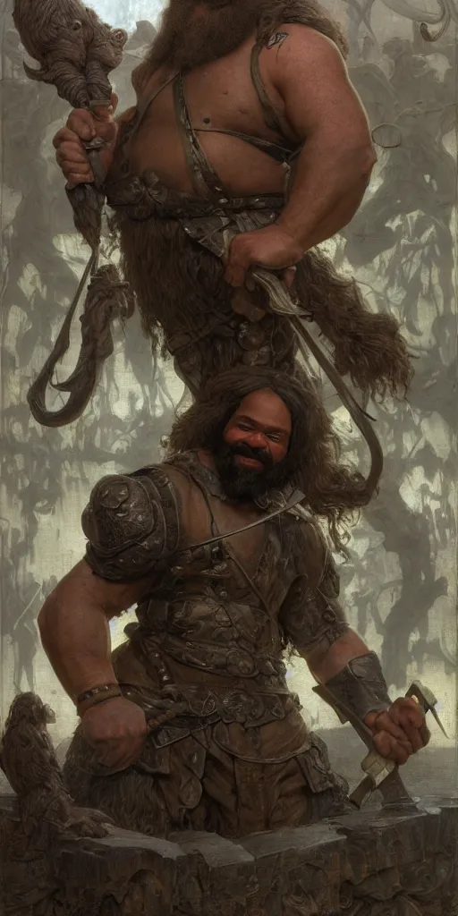 Image similar to jeffrey wright, blacksmith, very long beard, huge and very muscular, smiling hammer, dungeons and dragons, masterpiece by edgar maxence and ross tran and michael whelan, gustav dore, 8 k, octane render