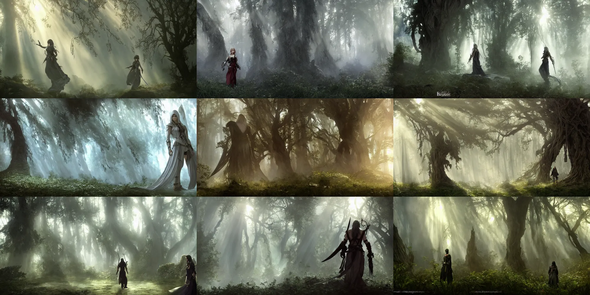 Prompt: Cinematic shots of characters from the Final Fantasy and Assassin's Creed mashup, Gothic-Greek fusion architecture, mystical forest with enormous trees, god rays, bloom, volumetric fog, moody ambiance, dynamic poses, diaphanous cloth, intricate jewelry, cinematic lighting, twilight, sunset, by Alphonse Mucha, by James Gurney, by Bouguereau, by Rubens, fantasy, portfolio illustration, highly detailed, trending on Artstation, CGsociety, HQ, 8k, 35mm lens, f2.8, Bokeh,