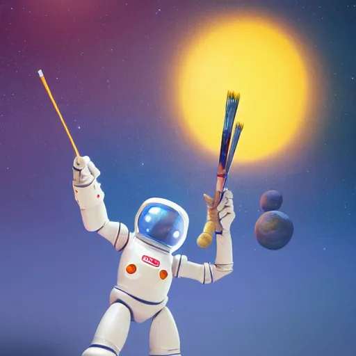 Image similar to space robot holding big paintbrushes, painting a canvas, cute, pixar, galaxy, photorealism 4 k, octane render, clean design, beautiful light