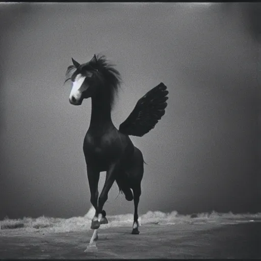 Image similar to a black Pegasus photographed by Andrej Tarkovsky, kodak 5247 stock