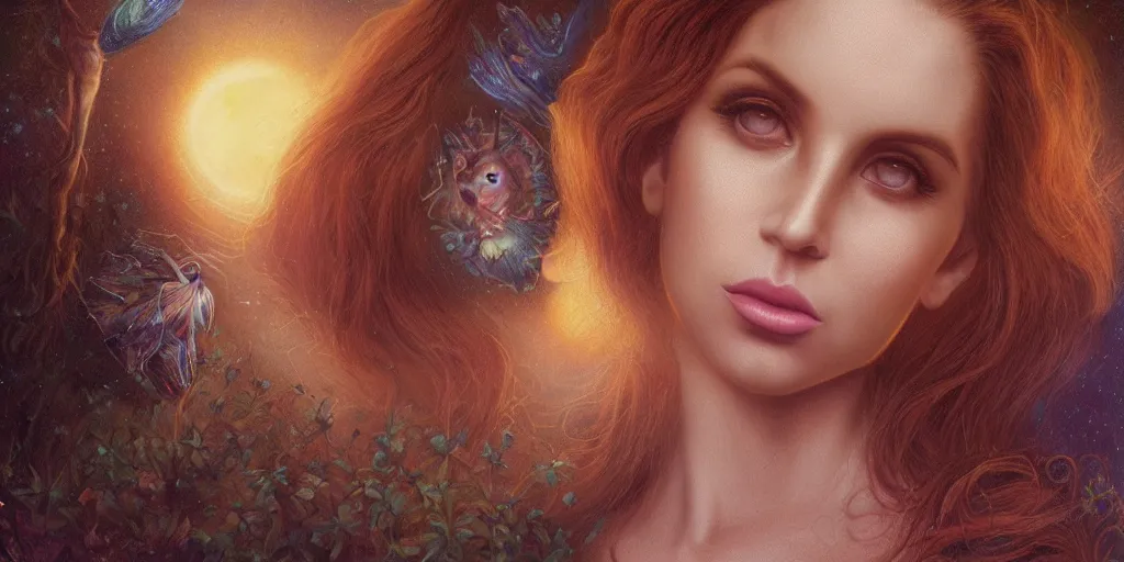 Image similar to big-eyed Lana Del Rey staring into the camera, sundown misty firefly wisps, Lilia Alvarado, Sophie Anderson, Mark Arian, Bob Byerley, Charlie Bowater, Mark Brooks, Steve Henderson, Justin Gerard, Arthur Hughes, Edward Robert Hughes, Mark Keathley, Victor Nizovtsev, Carlos Shwabe, Ross Tran, WLOP