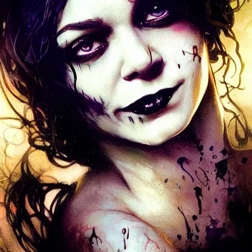 Prompt: beautiful portrait of vanessa hudgens as death from sandman, smiling, by cedric peyravernay, alphonse mucha, by jeremy mann, by lecouffe deharme, goth chic, tear tatoo, soft lightning, eyeliner, punk rock, high detailed, 8 k