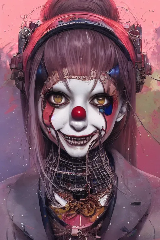 Image similar to by kyoto animation, very creepy clown girl, wearing cyberpunk intricate streetwear, beautiful, detailed portrait, intricate complexity, ilya kuvshinov, cell shaded, 4 k, concept art, by wlop, ilya kuvshinov, artgerm, krenz cushart, greg rutkowski, sharp focus, volumetric lighting, cinematic lighting, studio quality