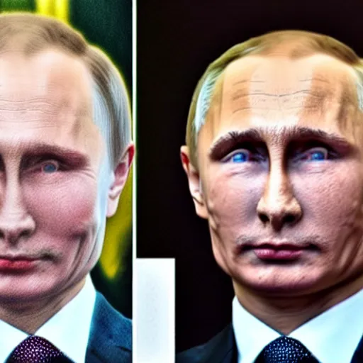 Image similar to putin teams up with a teenage putin, perfect faces