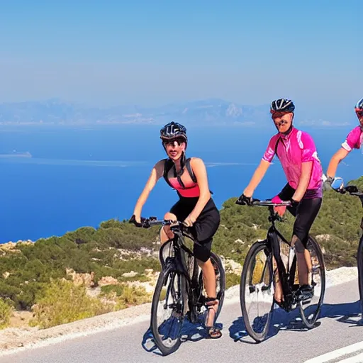 Image similar to 3 friends on professional road bycycles riding in the mountains of Mallorca, sea in the background, 4k