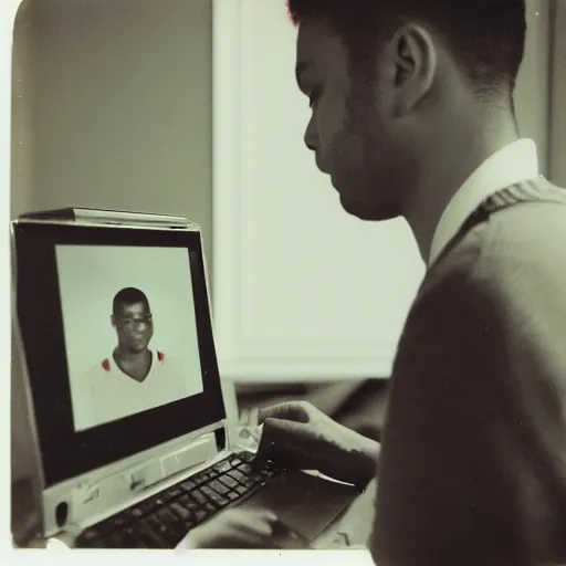 Image similar to a polaroid photo of a man checking his emails from the perspective of a computer screen