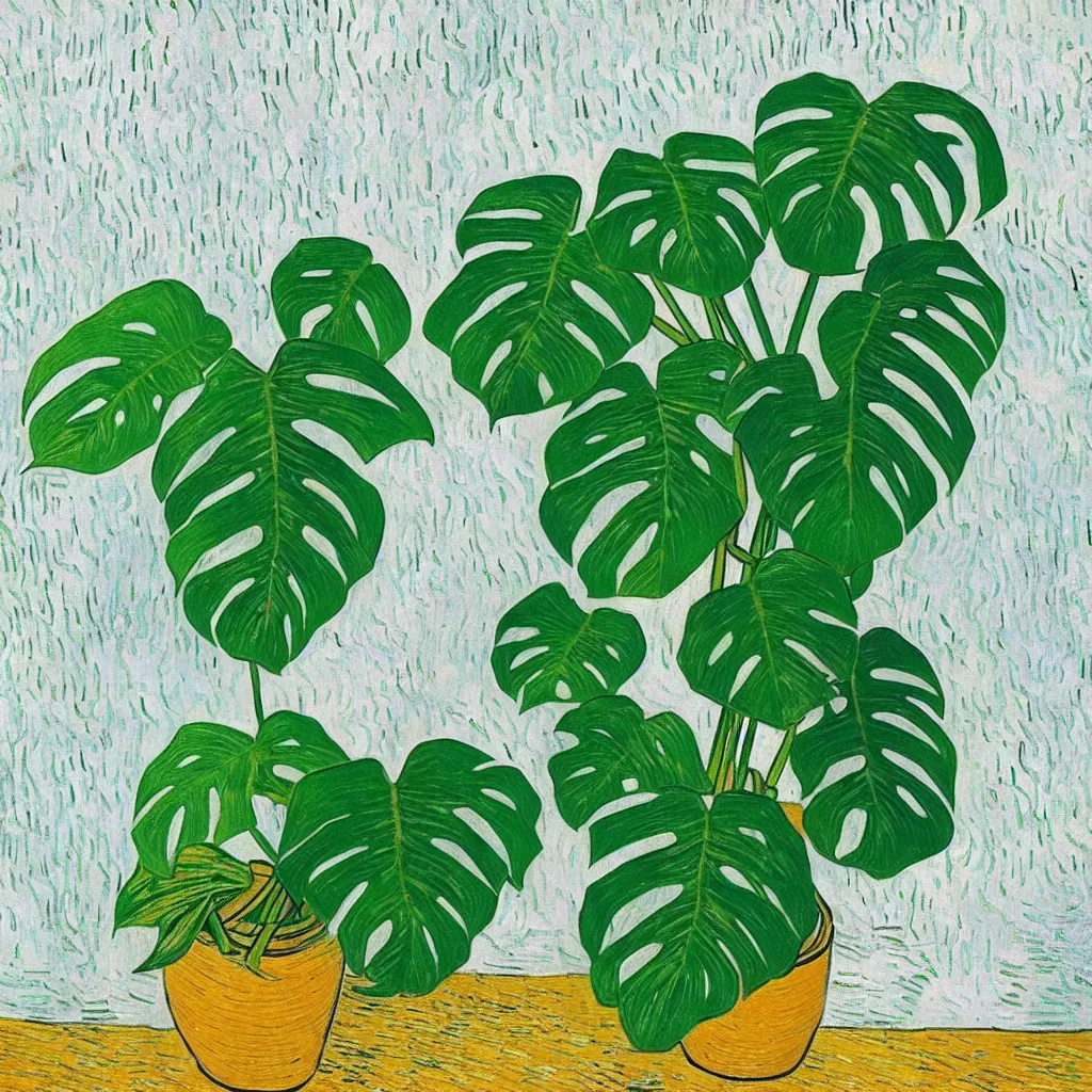 Image similar to A beautiful variegated monstera plant on a table in the style of Van Gogh