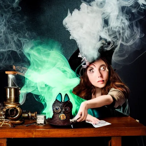 Image similar to owl, teen witch mixing a spell in a cauldron, wispy smoke, witch hat, studio photography, green glowing smoke is coming out of the cauldron, ingredients on the table, unorganized apothecary shelves in the background