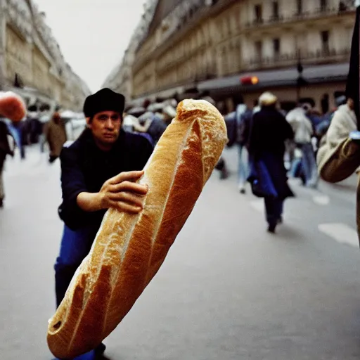 Image similar to closeup portrait of people fighting baguettes in a paris street, by Steve McCurry and David Lazar, natural light, detailed face, CANON Eos C300, ƒ1.8, 35mm, 8K, medium-format print