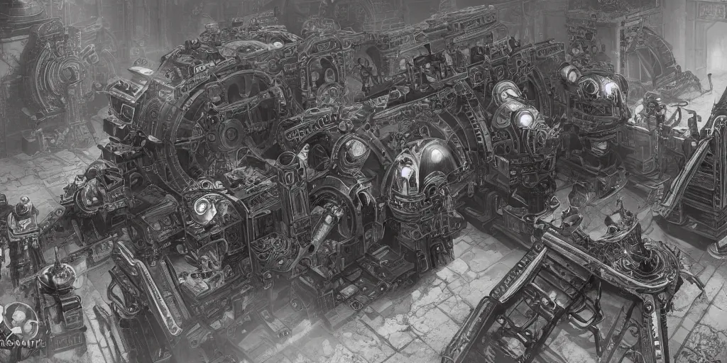 Prompt: line art of cheeky adeptus mechanicus, looting necron tomb, cinematic, intricate details, unreal engine 5, rule of three, vivid colors, dynamic lighting, by claude monet and marco bucci