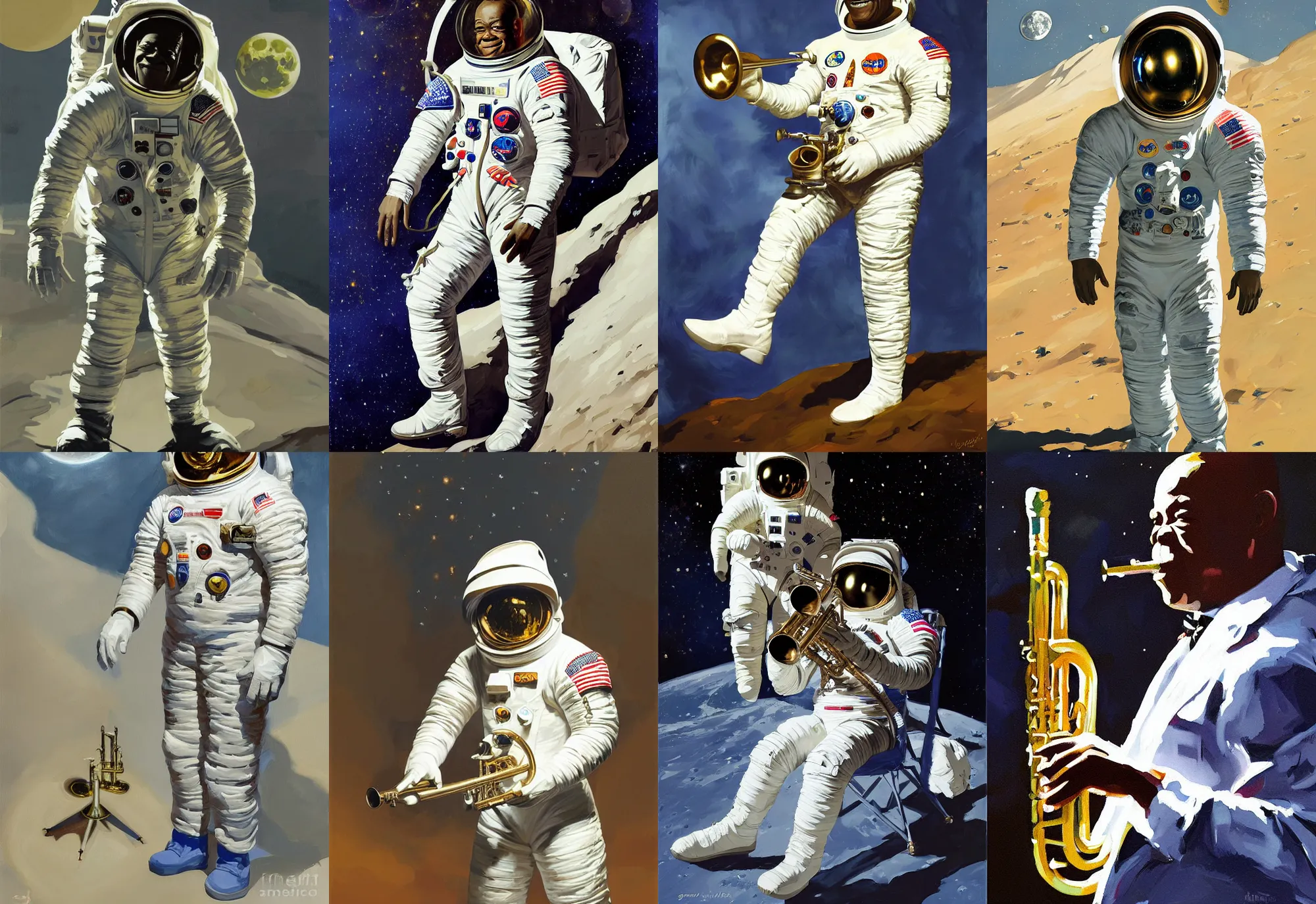 Image similar to a portrait of louis armstrong wearing a space suit on the moon, ( ( ( trumpet ) ) ), by greg manchess and john singer sargent and jonathan yeo, dramatic lighting, highly detailed digital painting