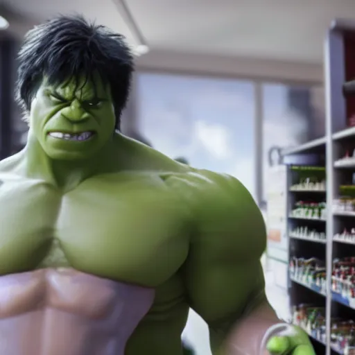 Image similar to the incredible hulk working as a 7/11 cashier and wearing a uniform, macro, wide shot, dramatic lighting, octane render, hyperrealistic, HD