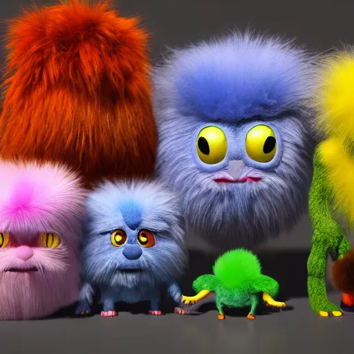 Image similar to cute colorful fuzzy alien monsters with long flowing detailed fur, detailed high quality 3 d render unreal engine in the style of maurice sendak, 4 k