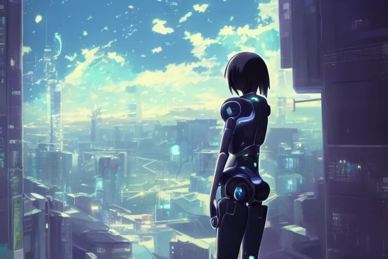 Prompt: makoto shinkai. robotic android girl. futuristic cyberpunk. dystopia. vibrant nebula sky. body.