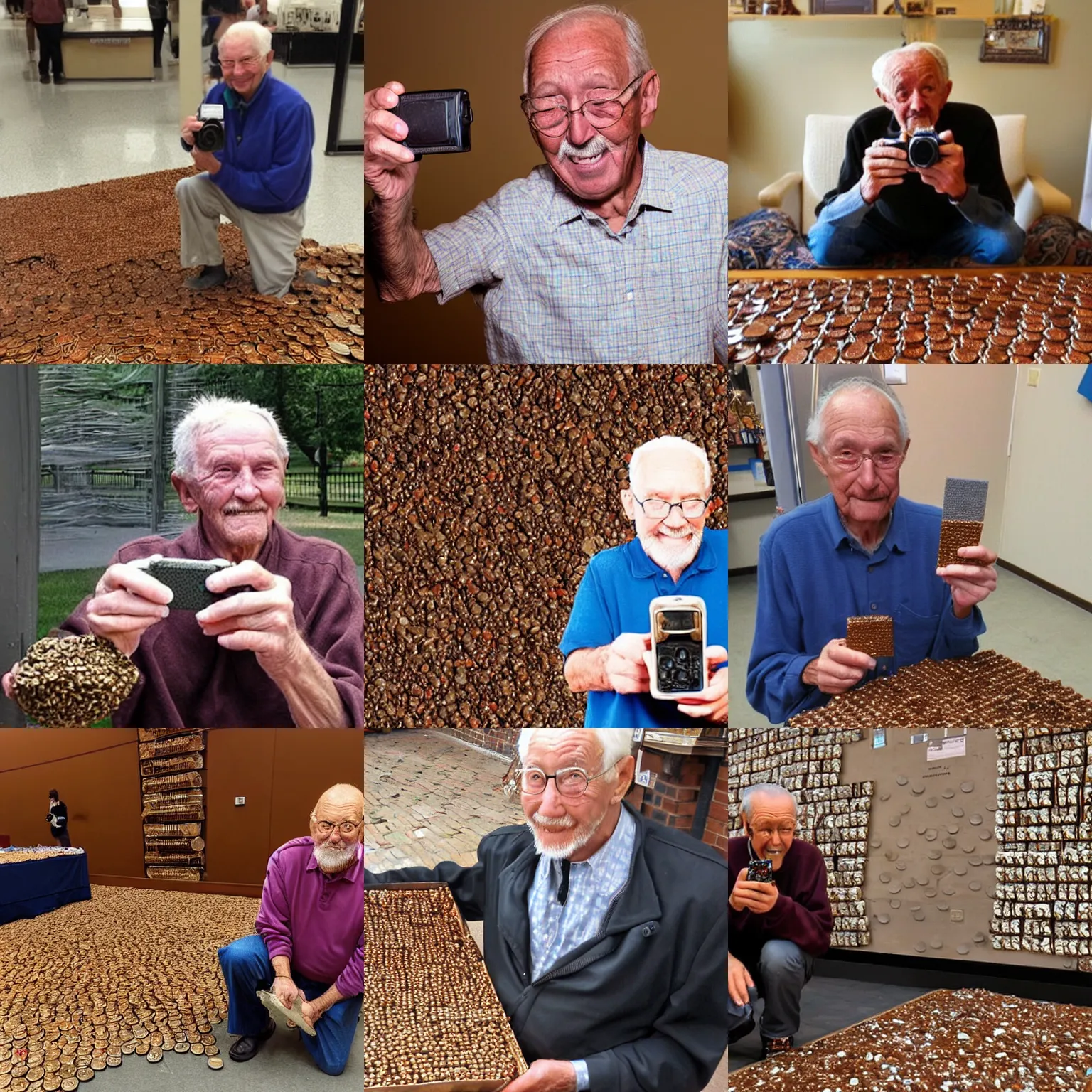 Prompt: a old man taking a picture with 7 million dollars in pennies