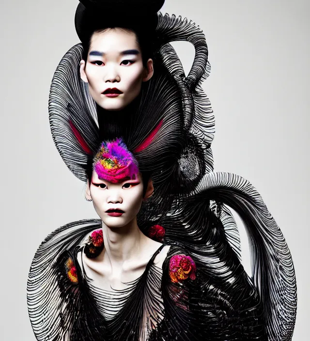 Image similar to photography american portrait of stunning model ming xi. great hair style,, half in shadow, natural pose, natural lighing, rim lighting, wearing an ornate stunning sophistical fluid dress and hat iris van herpen, with a colorfull _ newbaroque _ extreme _ makeup by benjamin puckey, highly detailed, skin grain detail, photography by paolo roversi