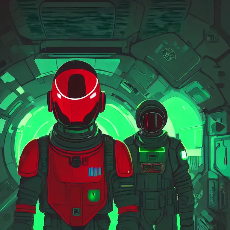 Prompt: A soldier wearing red armor with green lights, high-tech red armor, green visor, green lights, sci-fi soldier, inside a space station, dark space station, dark moods, art by James Gilleard, James Gilleard artwork, vintage