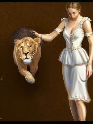 Prompt: a woman, wearing a cute white dress, holding a lion. intricate, elegant, highly detailed, digital painting, artstation, concept art, sharp focus, illustration, by justin gerard and artgerm, 8 k