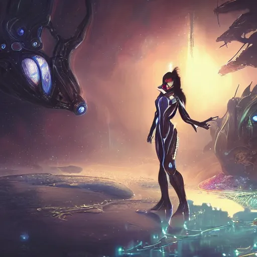 Image similar to ultra realistic illustration of cyber fairy, song hye - kyo, alien homeworld, swamps, advanced technology, warframe, special effects, colorful lights, space ship in the distance, intricate, highly detailed, digital painting, artstation, concept art, smooth, sharp focus, illustration, art by artgerm and tim mcburnie and anato finnstark