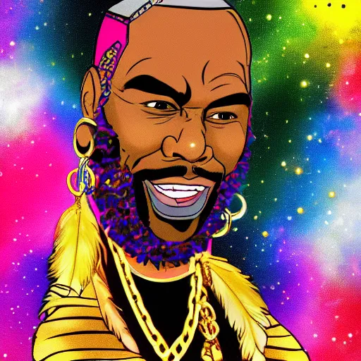 Prompt: Mr. T is the president of the universe, wearing gold chains and feather earrings, watching over everything in his power from the bridge of his gold spaceship, hyper color