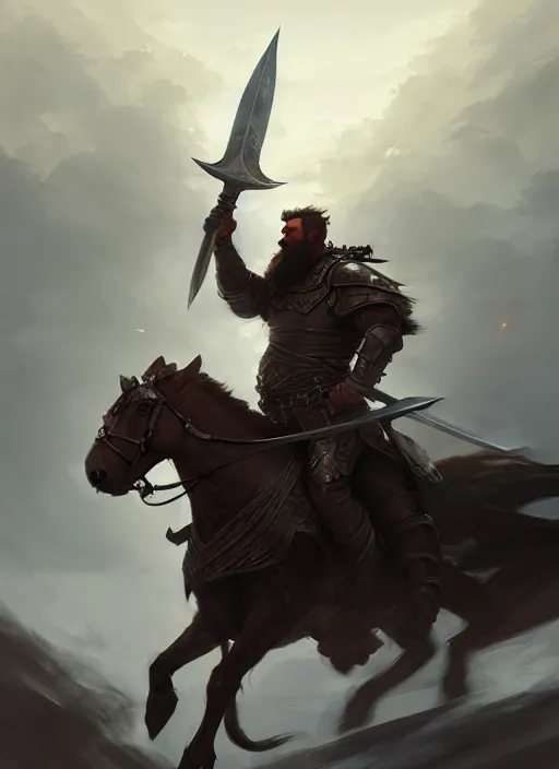 Prompt: epic bearded war commander holding gigantic sword and large shield riding a horse. highly detailed, digital painting, concept art, smooth, sharp focus, illustration, art by greg rutkowski