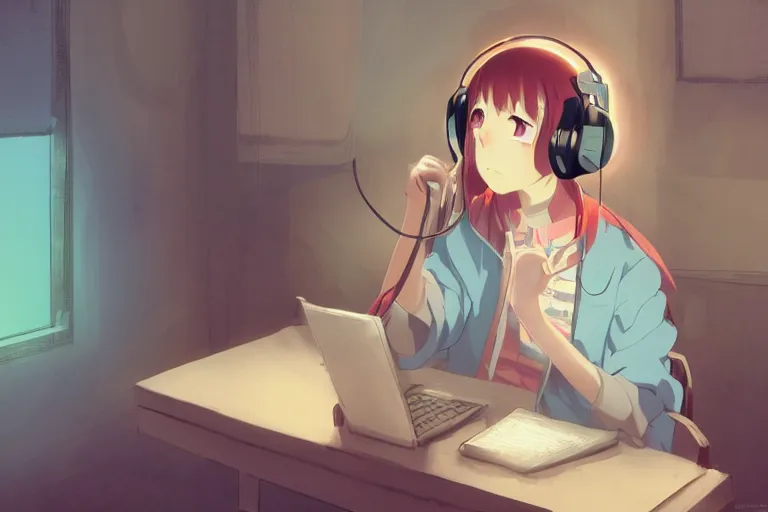 Image similar to lo - fi anime girl, wearing a blue cardigan and red aesthetic lo - fi headphones, studying in a brightly lit room, a lamp hovers above as it illuminates the room, illustrated by juan pablo machado, nighttime!!!!!!, cgsociety contest winner, artstation, golden ratio, dim lighting, studio ghibli!!!, 4 k