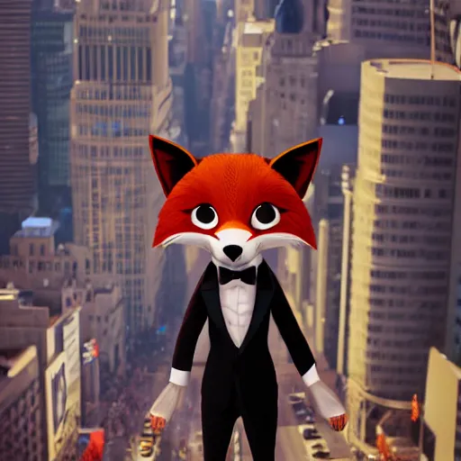 Image similar to anthropomorphic furry fox wearing a tuxedo stands on the times square ,detailed, environment, building, cinematic lights, rule of thirds, Artstation