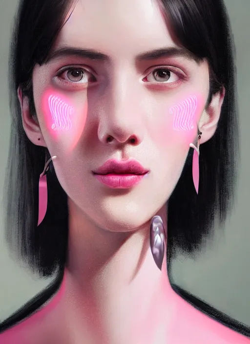 Image similar to portrait of high school girl, realistic, black hair, bangs, half updo hairstyle, pointy nose, skinny, smile, ugly, defined jawline, big chin, pink hair bow, earrings, intricate, elegant, glowing lights, highly detailed, digital painting, artstation, sharp focus, illustration, art by wlop, mars ravelo and greg rutkowski