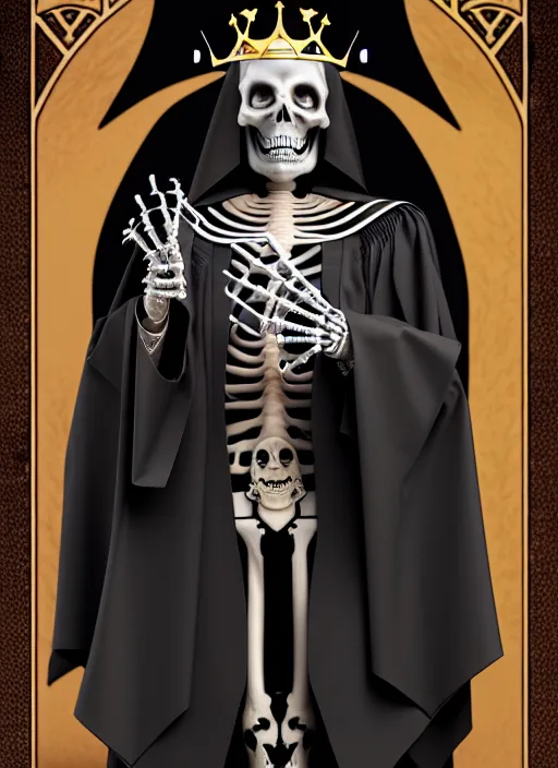 Image similar to undead skeleton king, wearing an academic gown, tarot card, highly detailed, deep focus, elegant, digital painting, smooth, sharp focus, illustration, ultra realistic, 8 k, art by artgerm and alphonse mucha and greg rutkowski