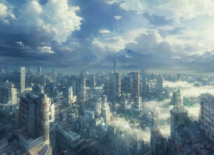 Image similar to ultra realistic city on clouds, 8 k, hd, details, fantasy, epic, ancient city, landscape illustration concept art anime key visual trending pixiv fanbox by wlop and greg rutkowski and makoto shinkai and studio ghibli and kyoto animation symmetrical facial features