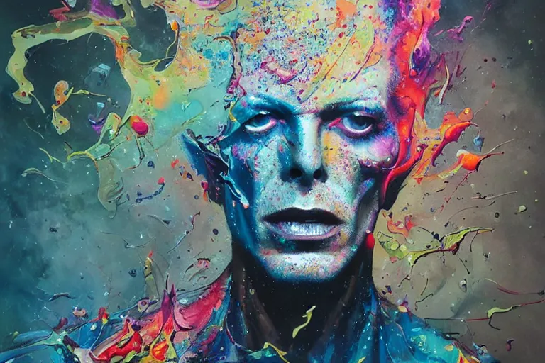 Image similar to a splattered action painting showing david bowie, ultradetailed, fine art painting, peter mohrbacher, moebius, david bowie, frottage, watercolor, acrylic, multilayered paint, spectacular splatter explosion, psychedelic art