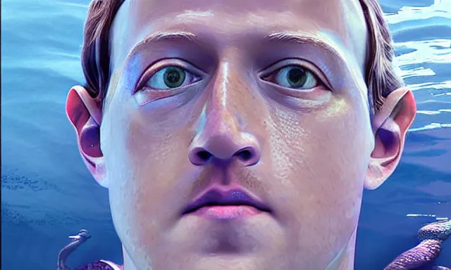 Image similar to mark zuckerberg as a mermaid ruling the ocean, photorealistic, cinematic lighting, highly detailed, extremely realistic